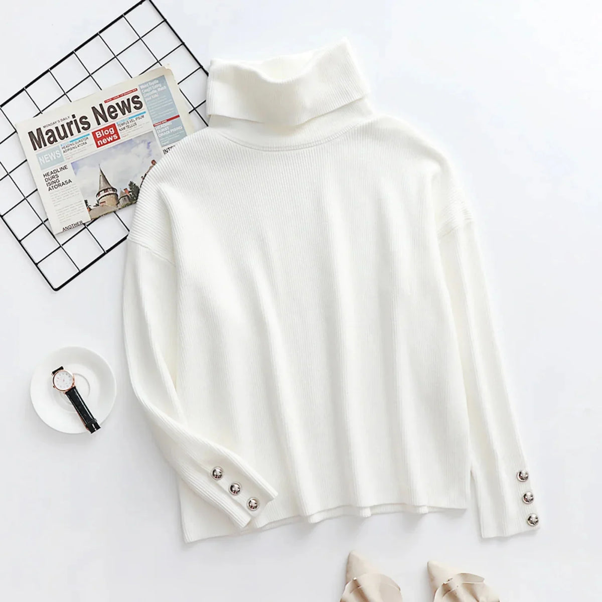 Oversized geribbelde coltrui dames met knoopdetails - afbeelding 7