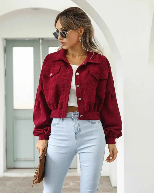 Cropped corduroy jasje dames, Bordeaux - afbeelding 1