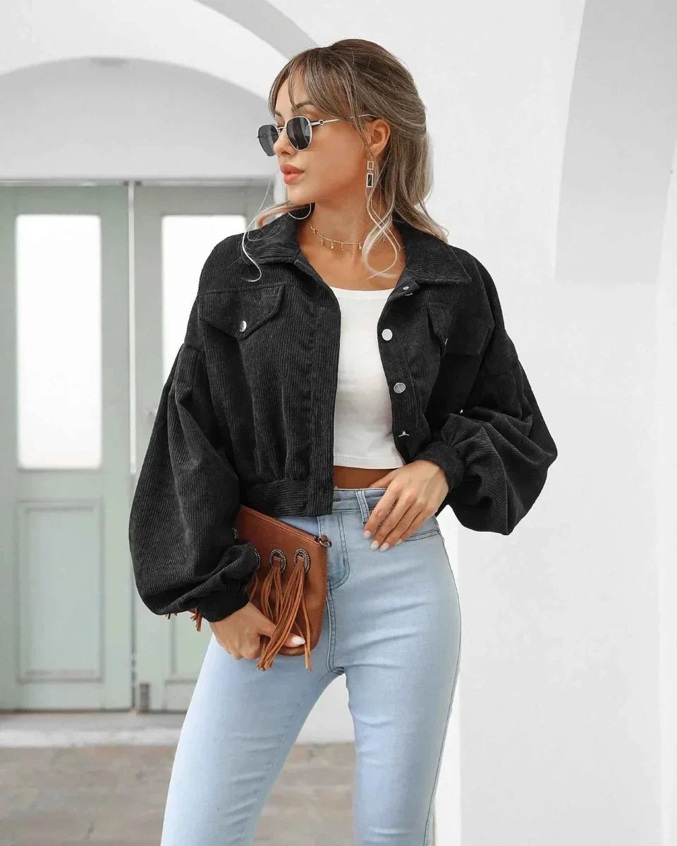 Cropped corduroy jasje dames, Zwart - afbeelding 4