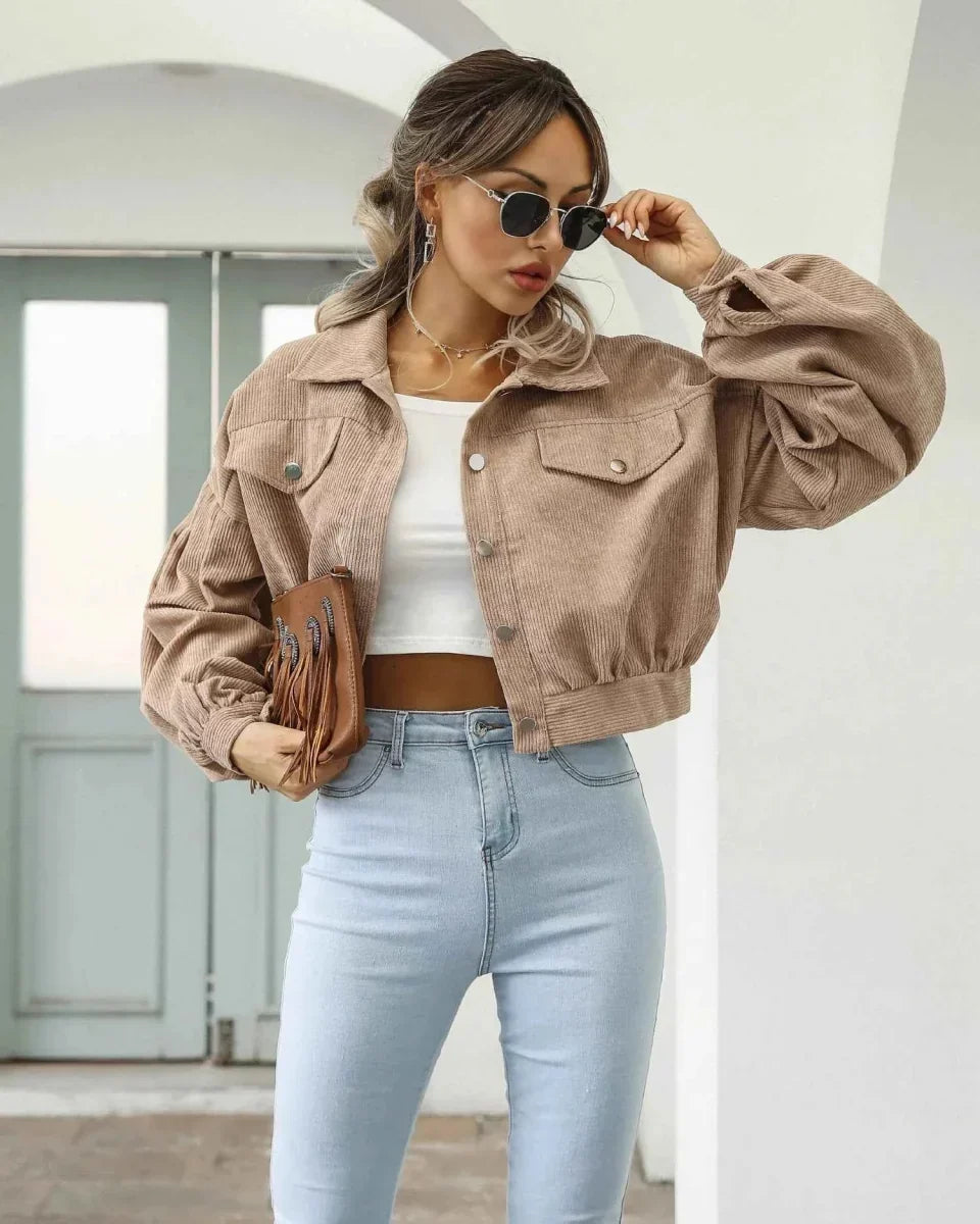 Cropped corduroy jasje dames, Beige - afbeelding 5