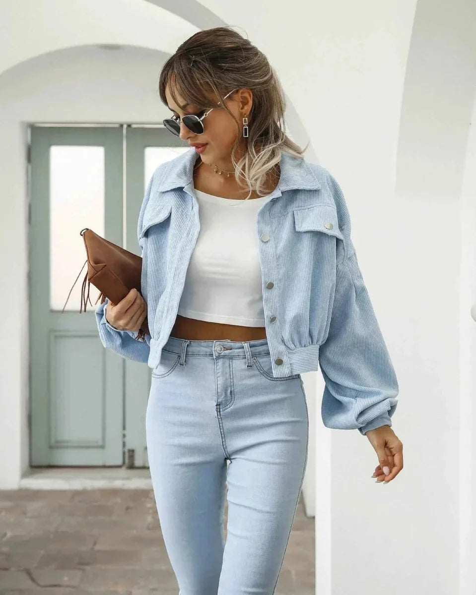 Cropped corduroy jasje dames, Lichtblauw - afbeelding 6