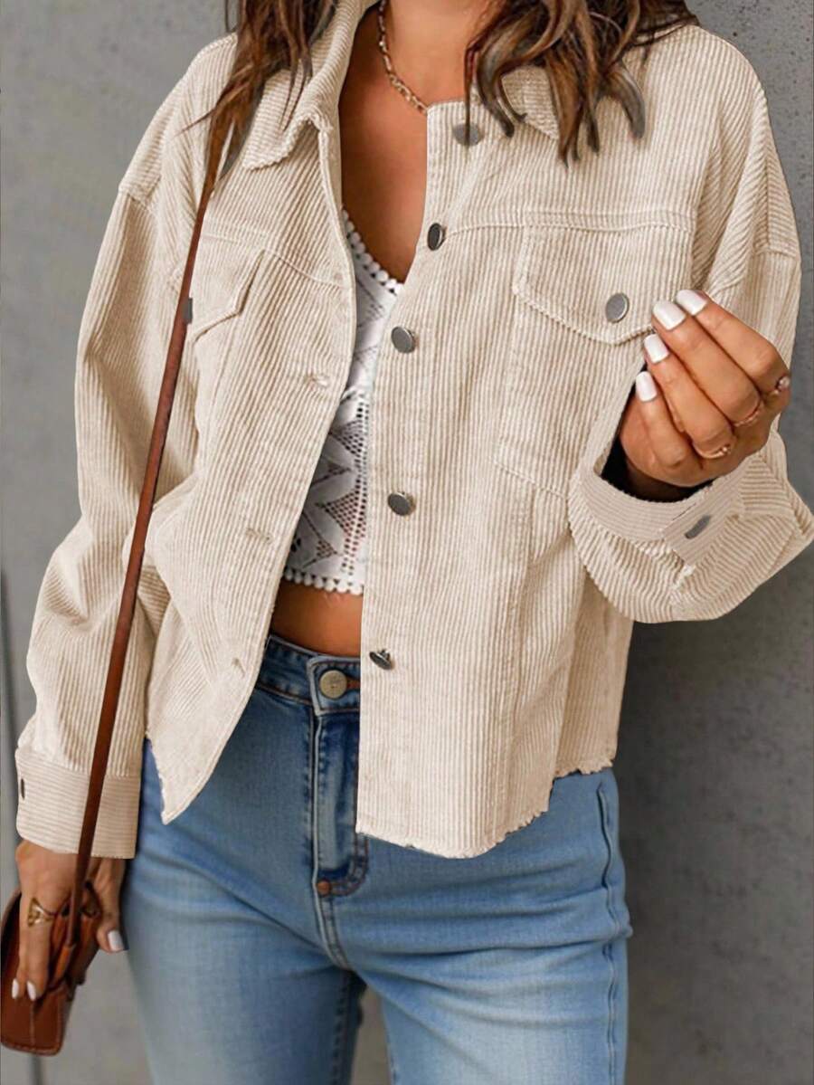 Cropped corduroy shacket dames, Crème - afbeelding 6