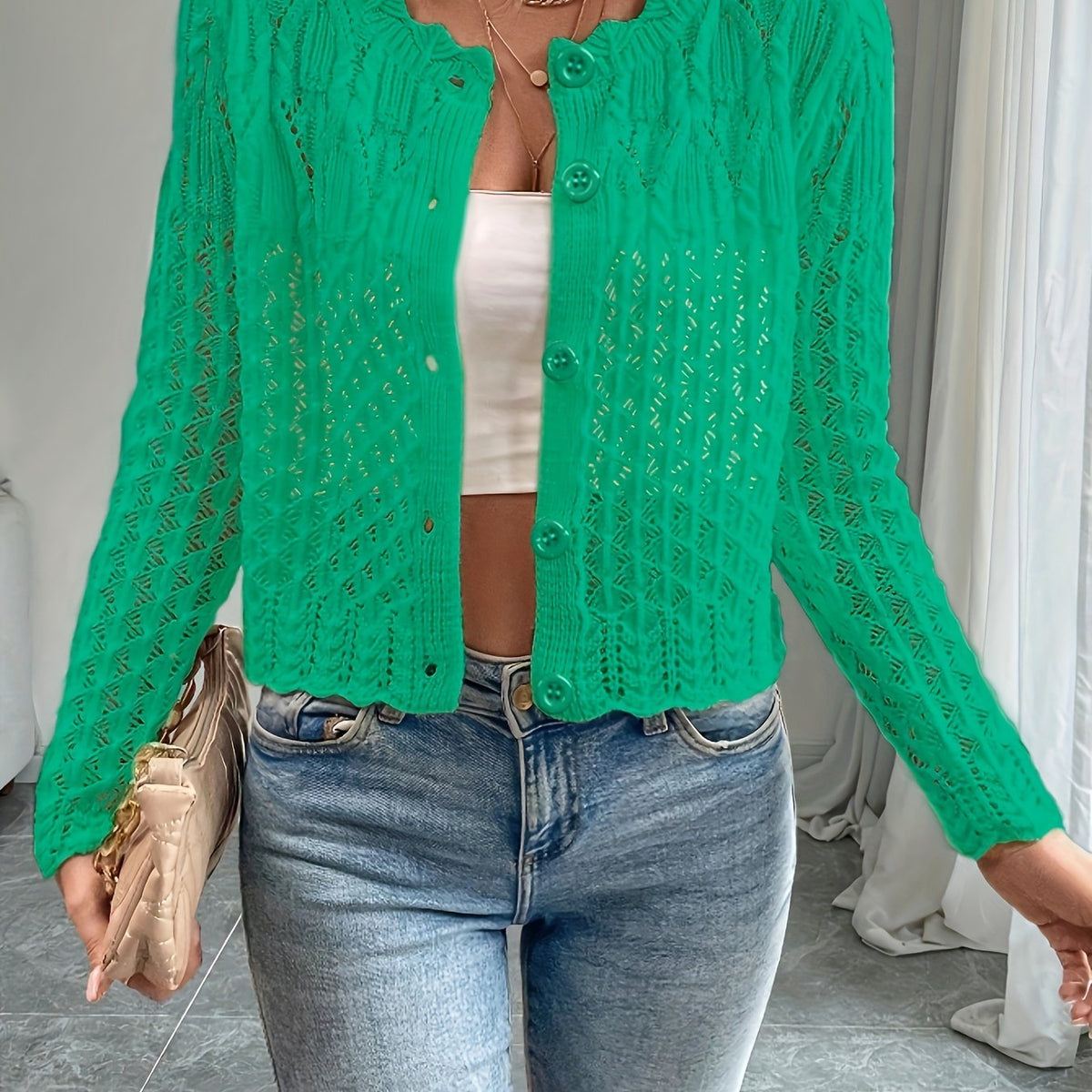 Cropped cardigan dames, Groen - afbeelding 15