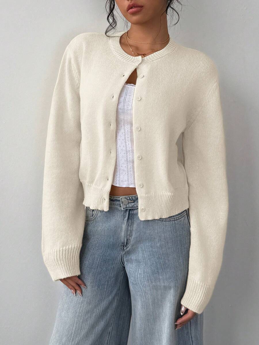 Cropped cardigan dames met ronde hals, crème - afbeelding 1