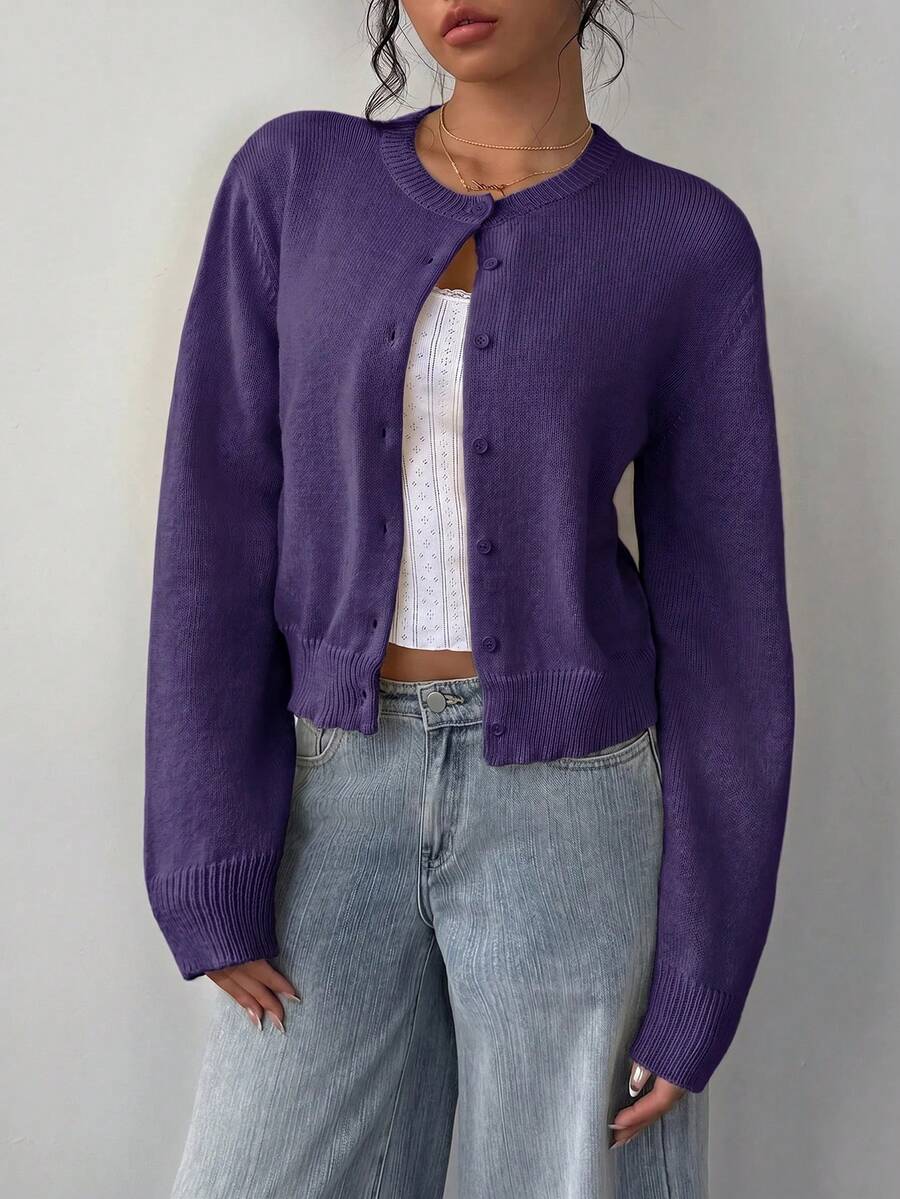 Cropped cardigan dames met ronde hals, paars - afbeelding 8