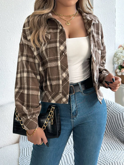 Cropped geruite shacket dames, bruin - afbeelding 1