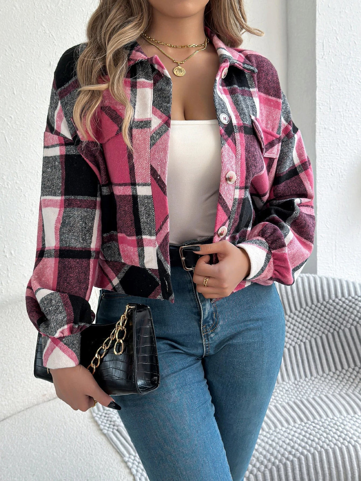 Cropped geruite shacket dames, fuchsia - afbeelding 5