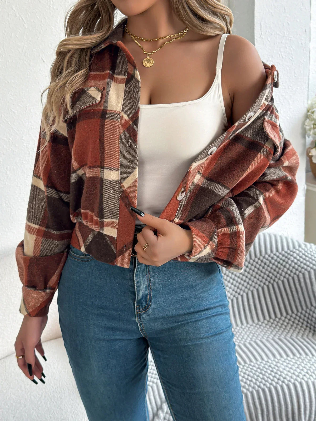 Cropped geruite shacket dames, terracotta - afbeelding 9