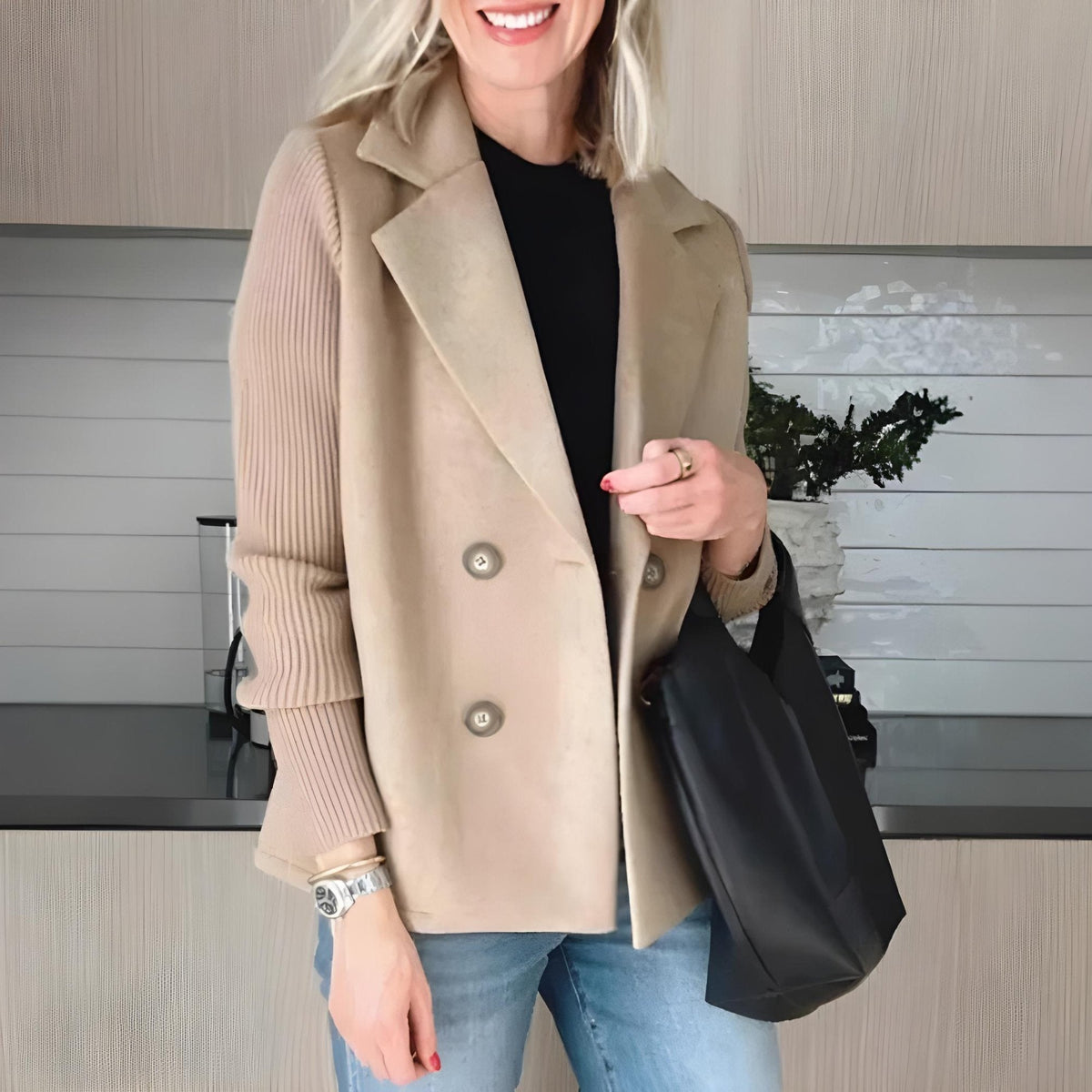 Dubbelrijige blazer dames, beige - afbeelding 5