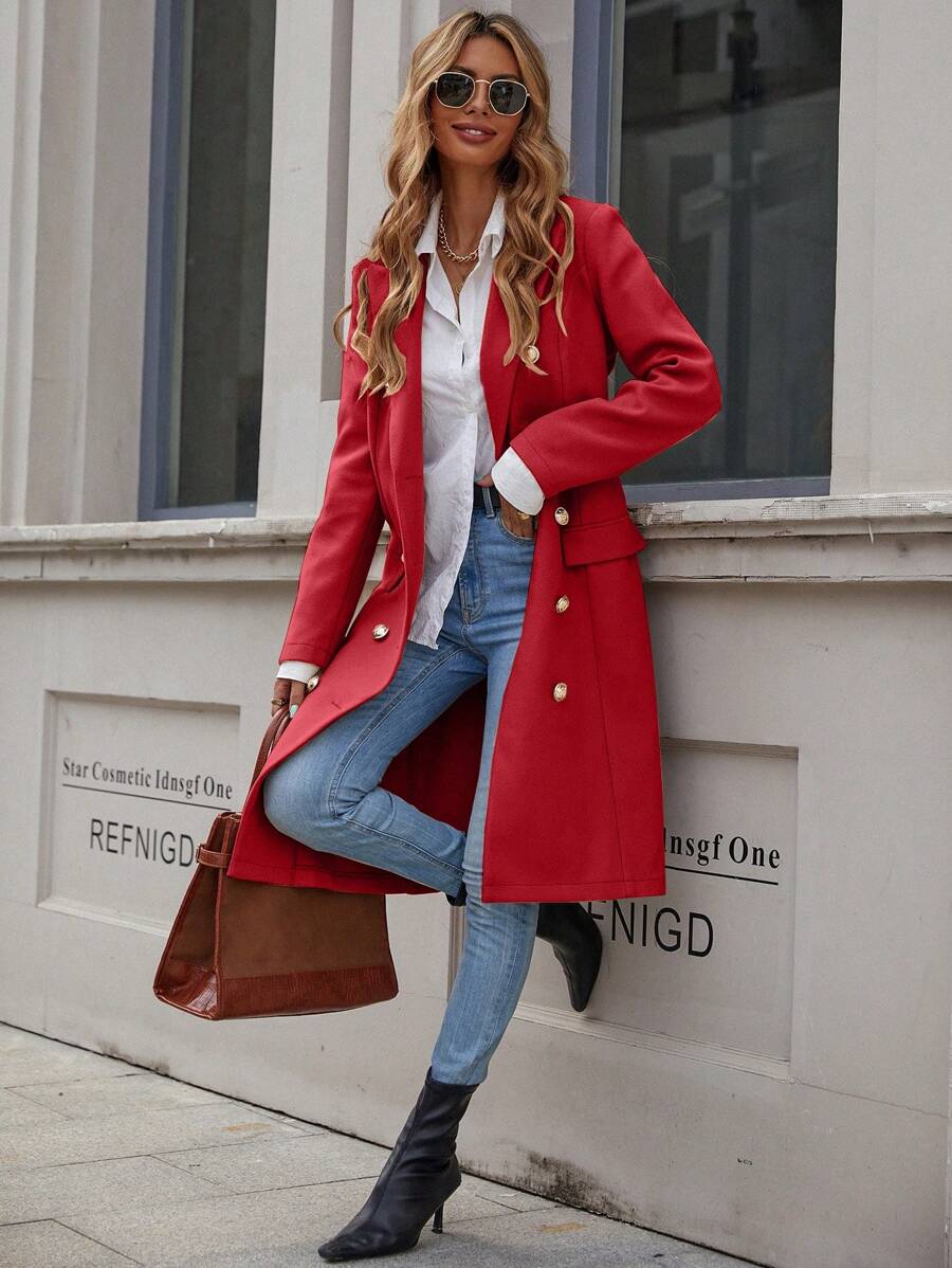 Dubbelrijige midi mantel dames, rood - afbeelding 7