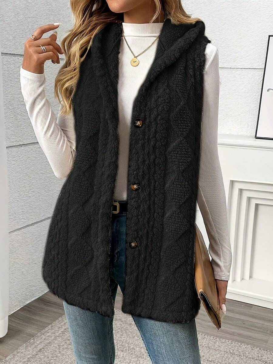 Fleece gilet dames met capuchon, zwart - afbeelding 7