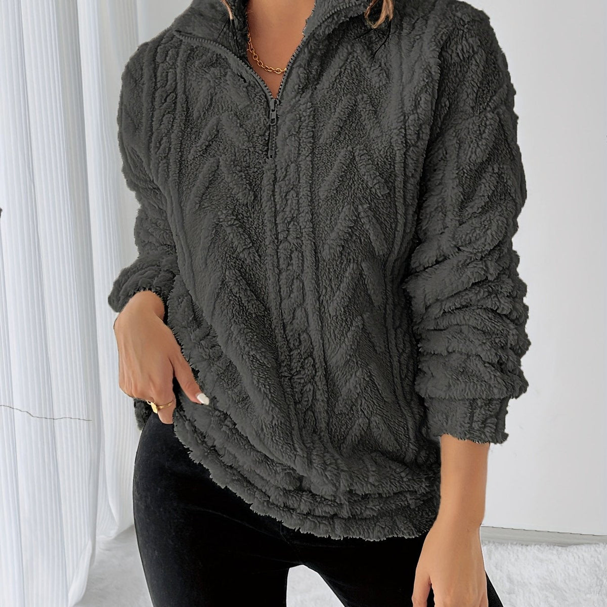 Teddy fleece trui dames, donkergrijs - afbeelding 13