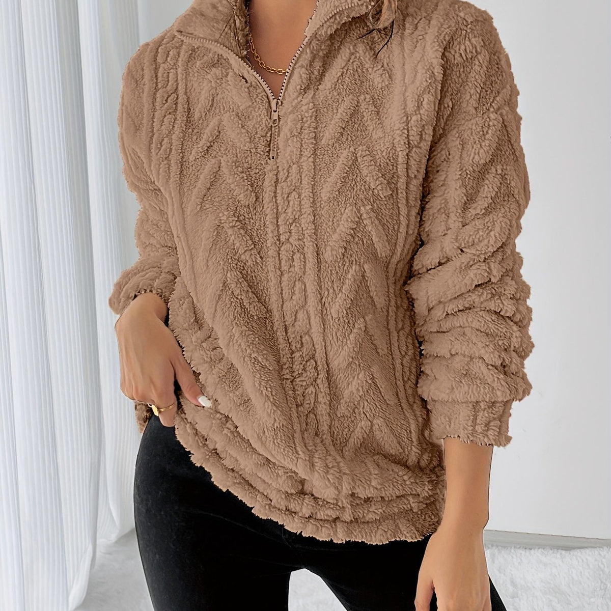 Teddy fleece trui dames, kaki - afbeelding 14