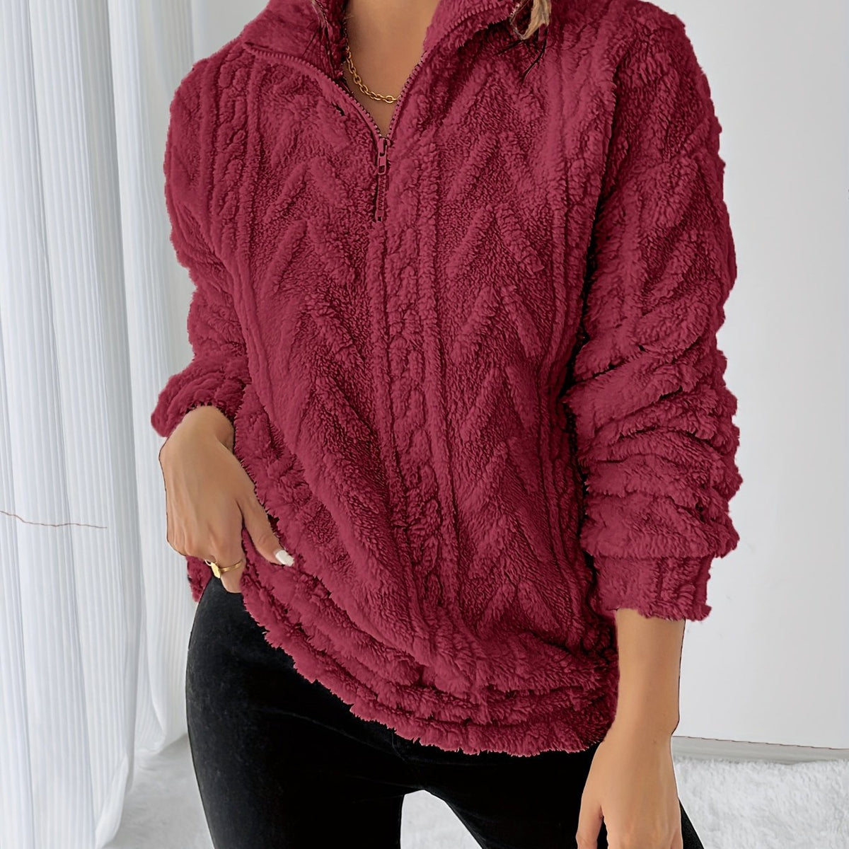 Teddy fleece trui dames, bordeaux - afbeelding 15