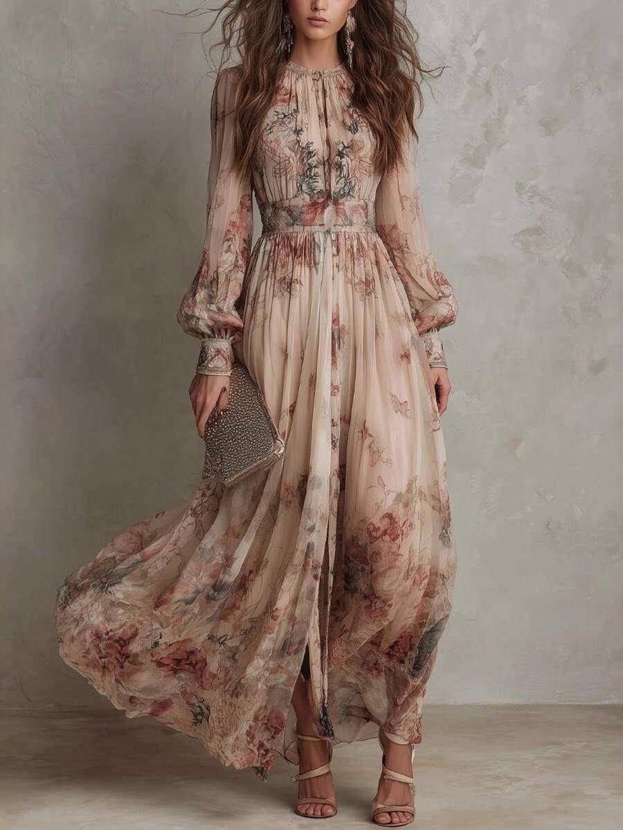 Gebloemde maxi jurk dames, beige-roze - afbeelding 1