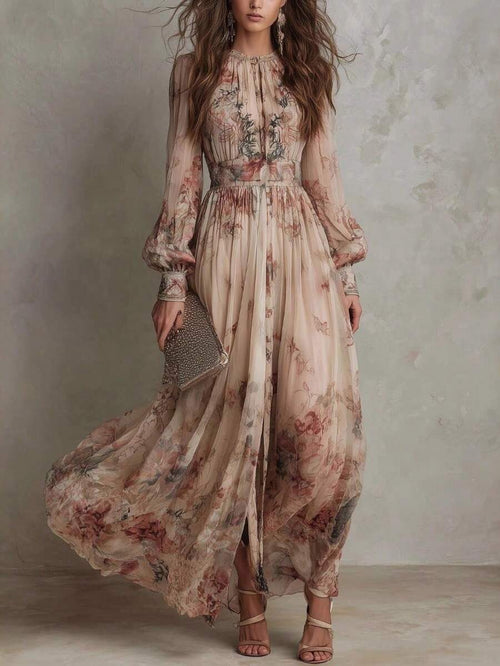 Gebloemde maxi jurk dames, beige-roze - afbeelding 1