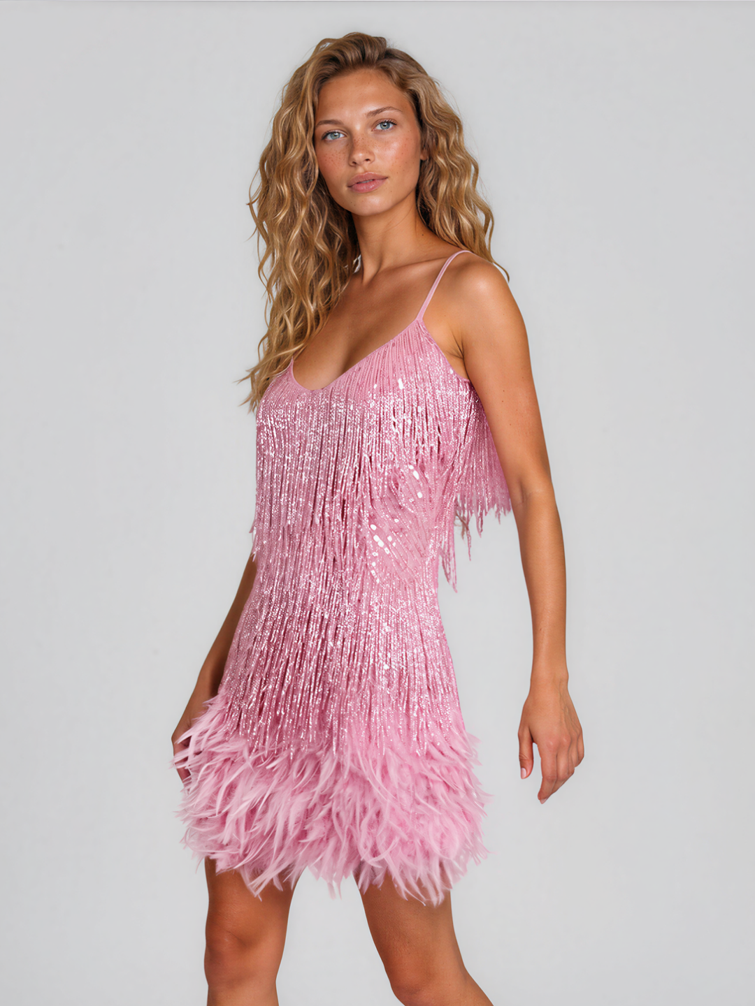Gefranjeerde mini feestjurk dames, roze - afbeelding 8