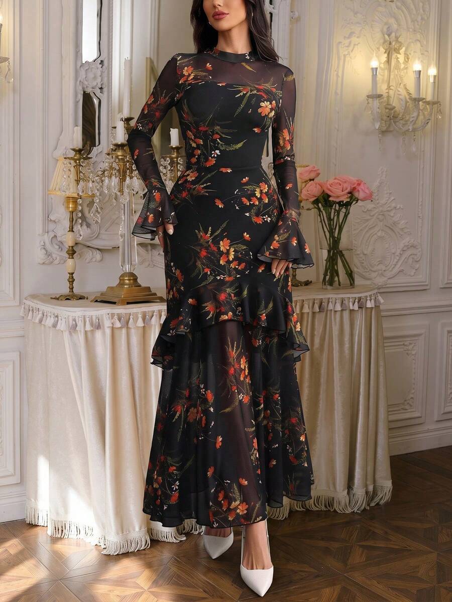 Gelaagde maxi jurk dames met bloemenprint, Zwart - afbeelding 1