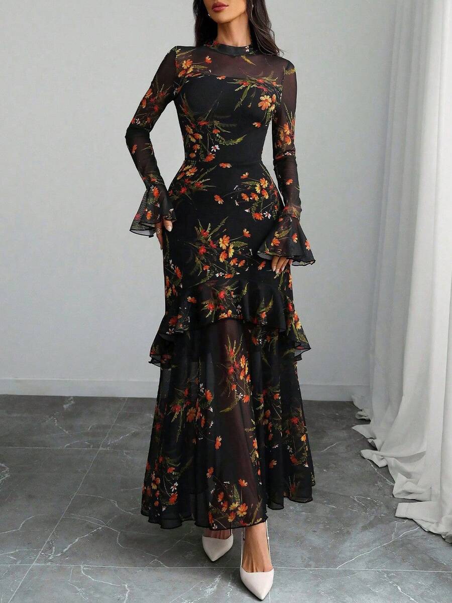 Gelaagde maxi jurk dames met bloemenprint - afbeelding 3