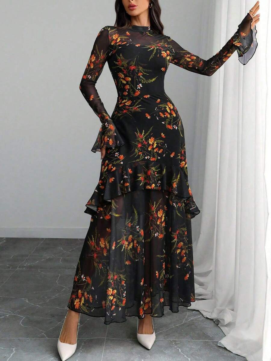 Gelaagde maxi jurk dames met bloemenprint - afbeelding 4