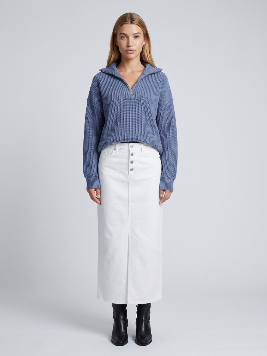 Geribbelde trui dames met halve rits, blauw - afbeelding 1