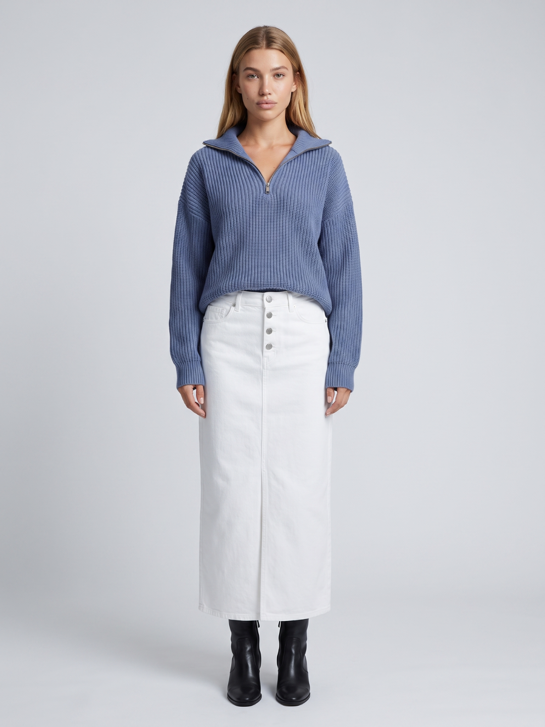 Geribbelde trui dames met halve rits, blauw - afbeelding 1