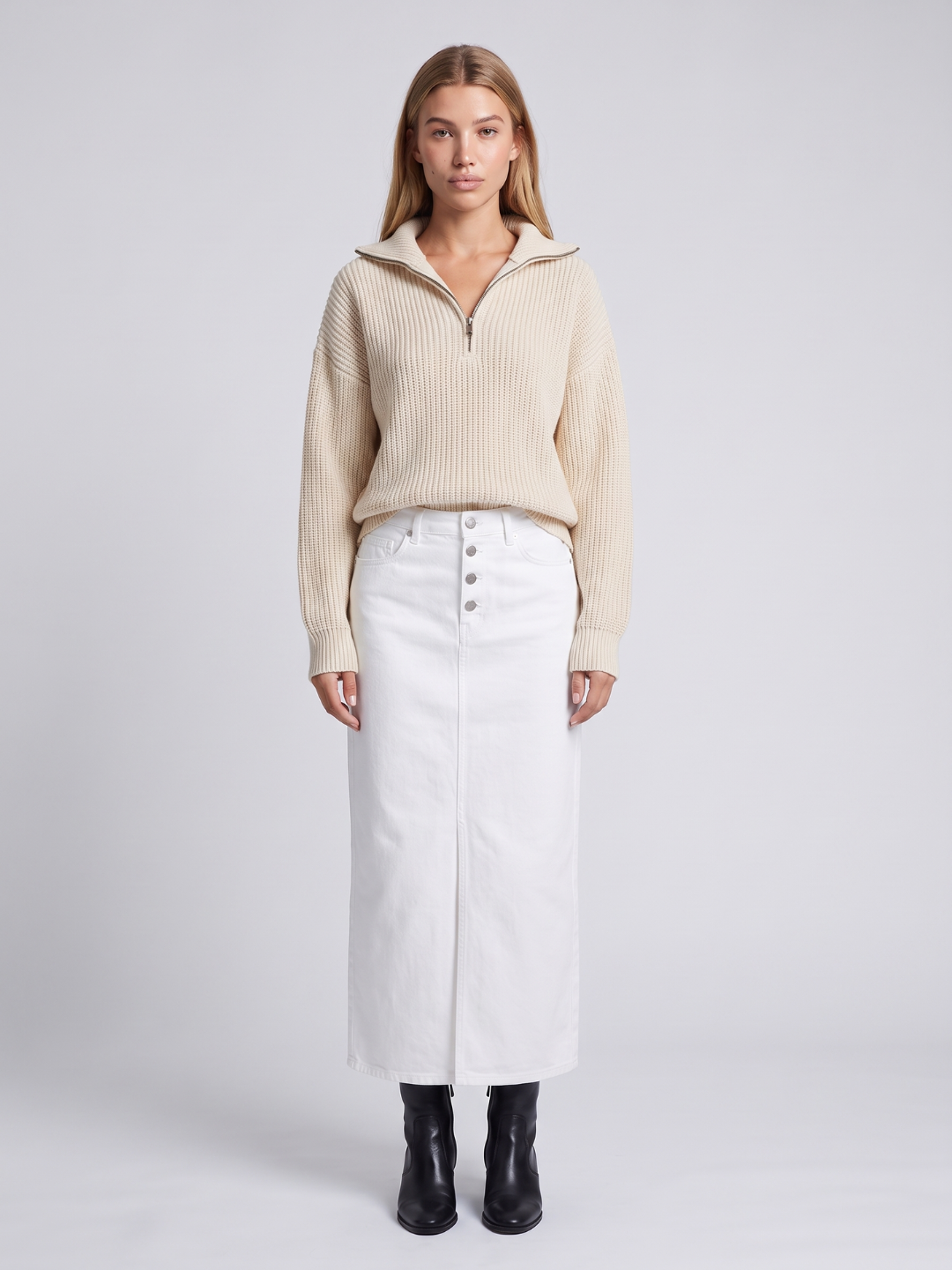 Geribbelde trui dames met halve rits, beige - afbeelding 2