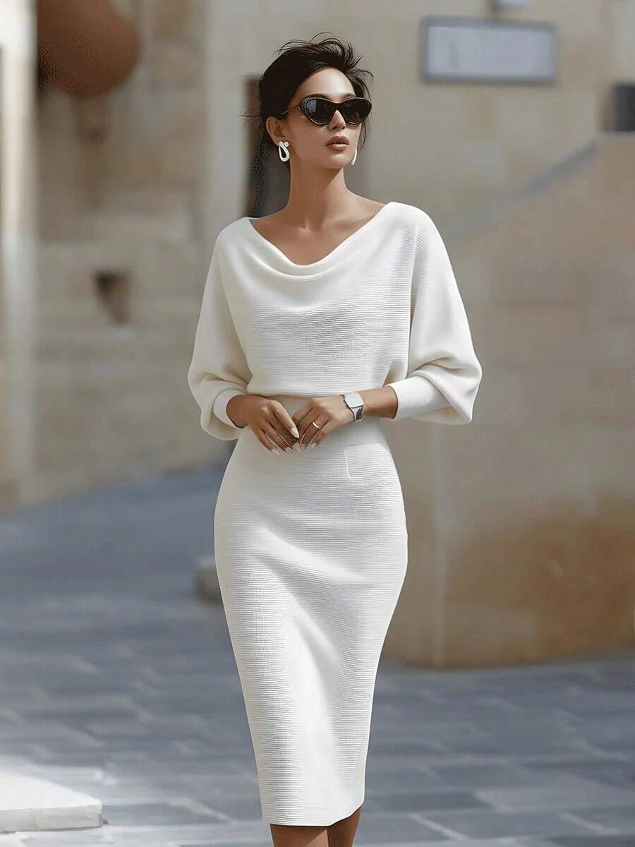 Gebreide midi jurk dames, Wit - afbeelding 8