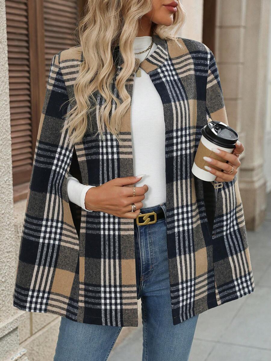 Geruite cape jas dames, marineblauw-camel - afbeelding 1