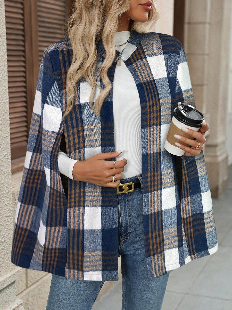 Geruite cape jas dames, blauw-wit - afbeelding 6