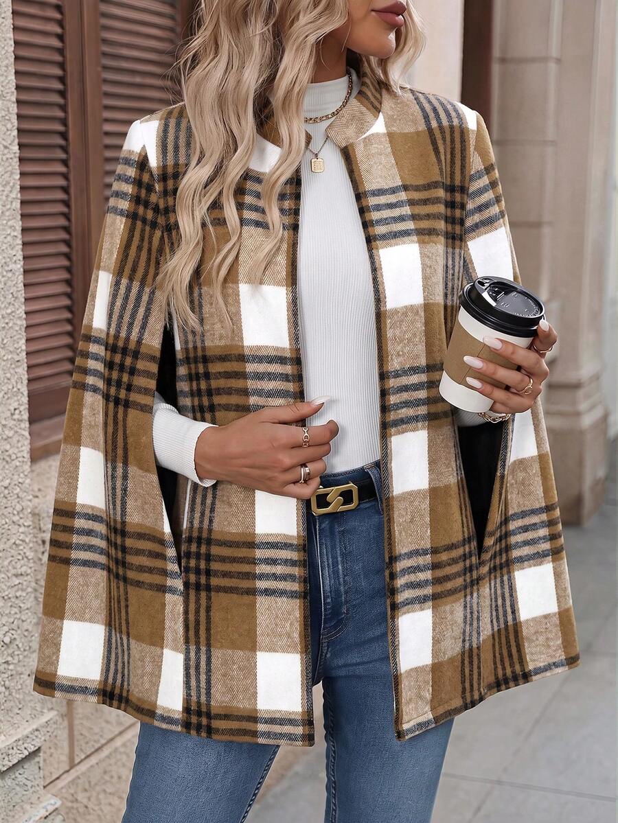 Geruite cape jas dames, camel-wit - afbeelding 7