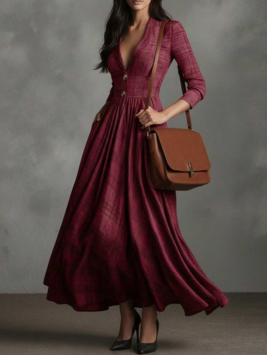 Geruite maxi jurk dames, Bordeaux - afbeelding 7