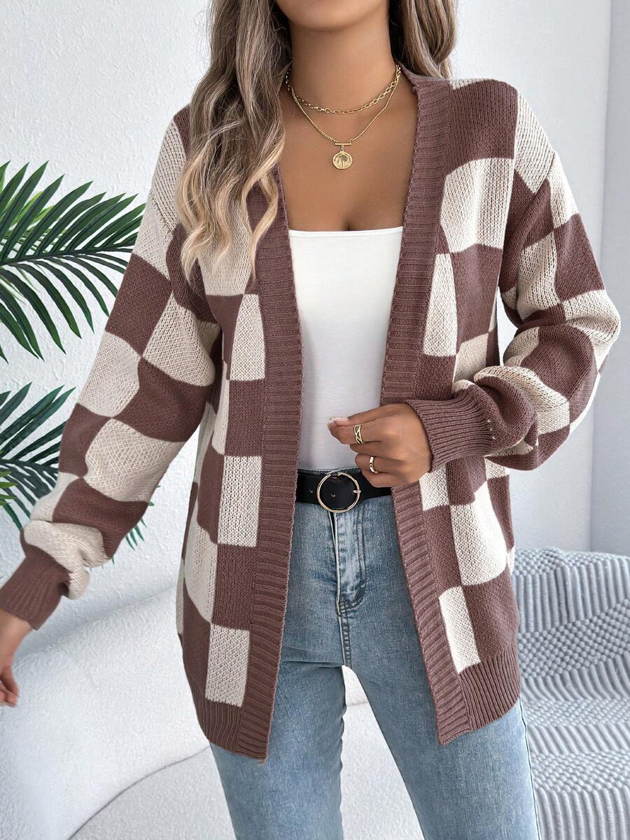 Geruite open cardigan dames, koffiebruin - afbeelding 4