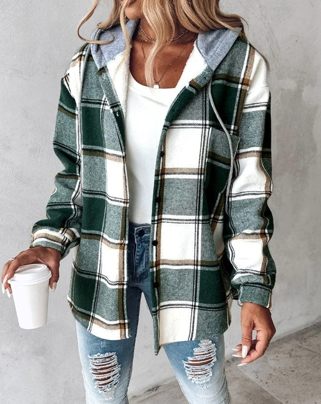 Geruite shacket dames met capuchon, groen-wit - afbeelding 1