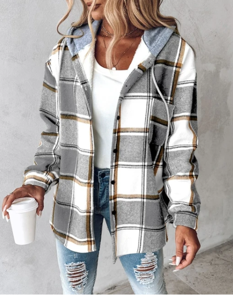 Geruite shacket dames met capuchon, grijs-wit - afbeelding 5