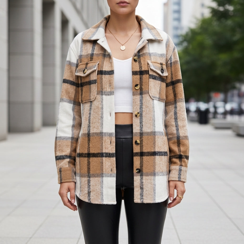 Geruite shacket dames met klepzakken, camel-wit - afbeelding 2