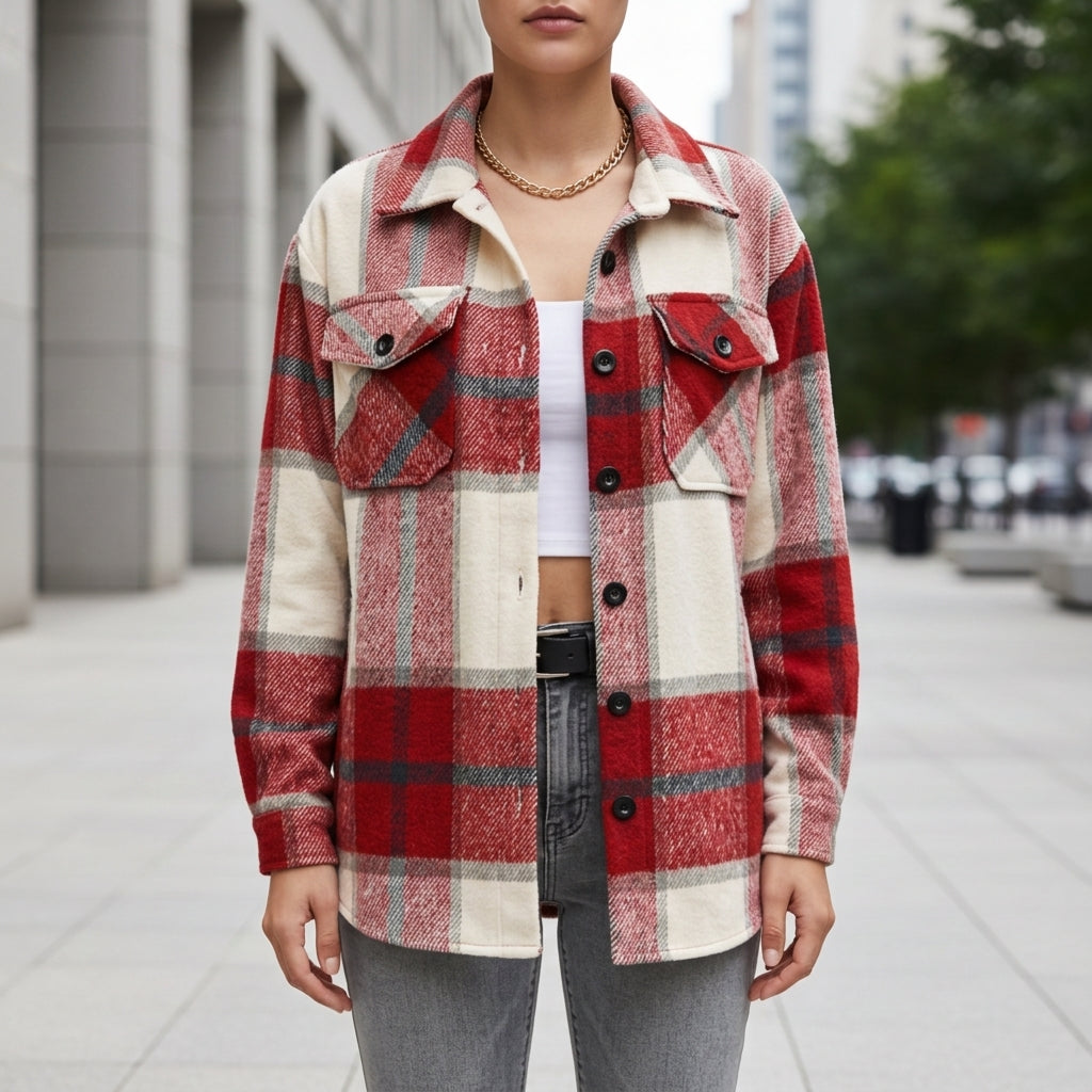 Geruite shacket dames met klepzakken, rood-crème - afbeelding 3