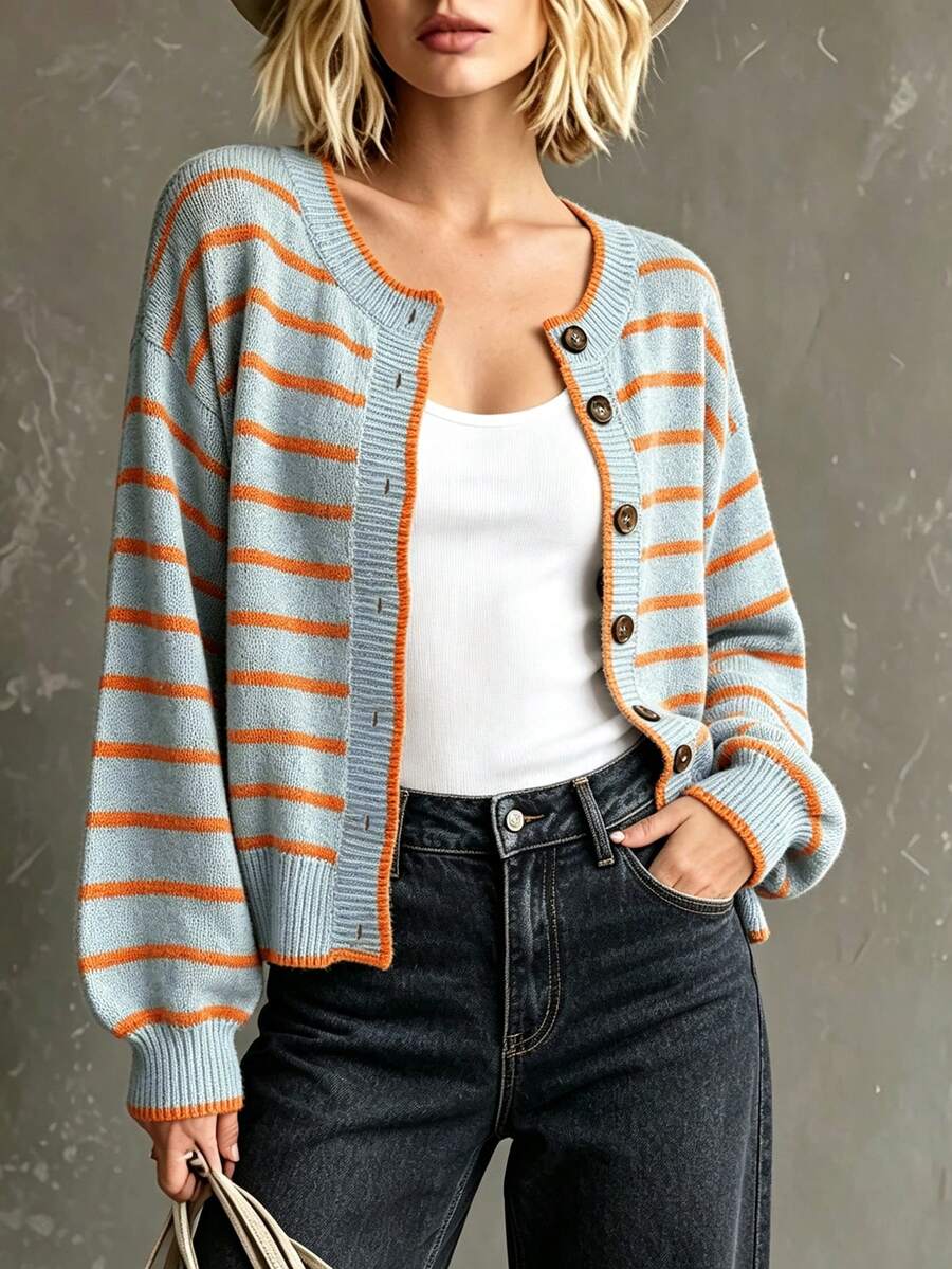 Gestreepte cardigan dames, lichtblauw - afbeelding 1