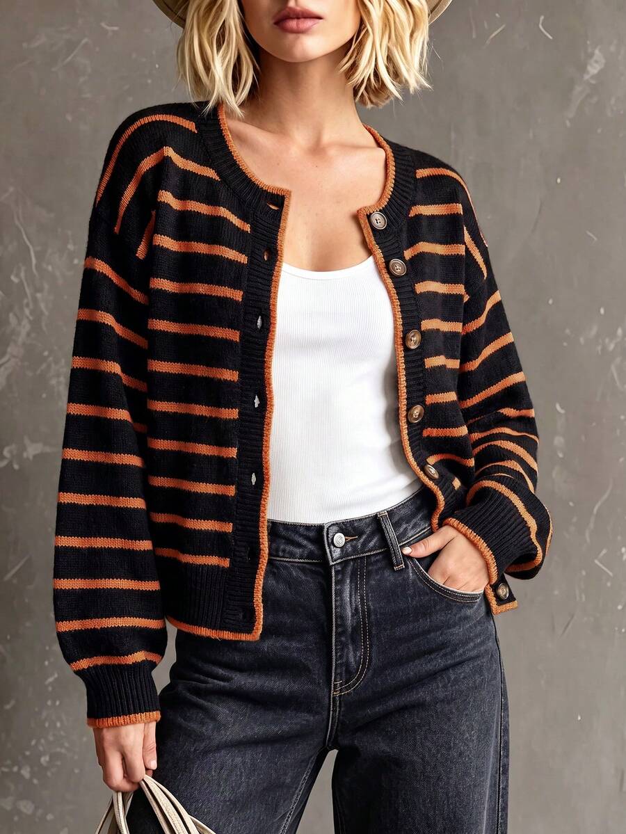 Gestreepte cardigan dames, zwart - afbeelding 6