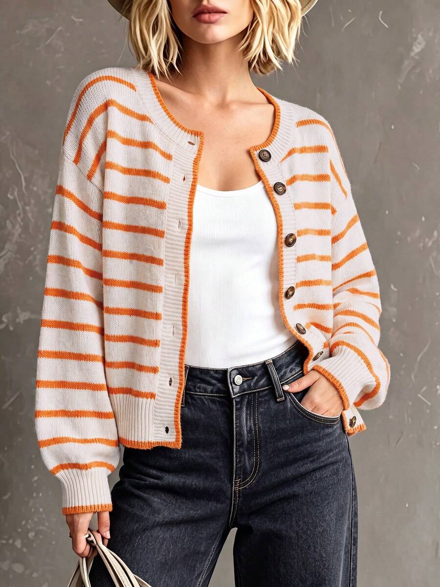 Gestreepte cardigan dames, beige - afbeelding 7