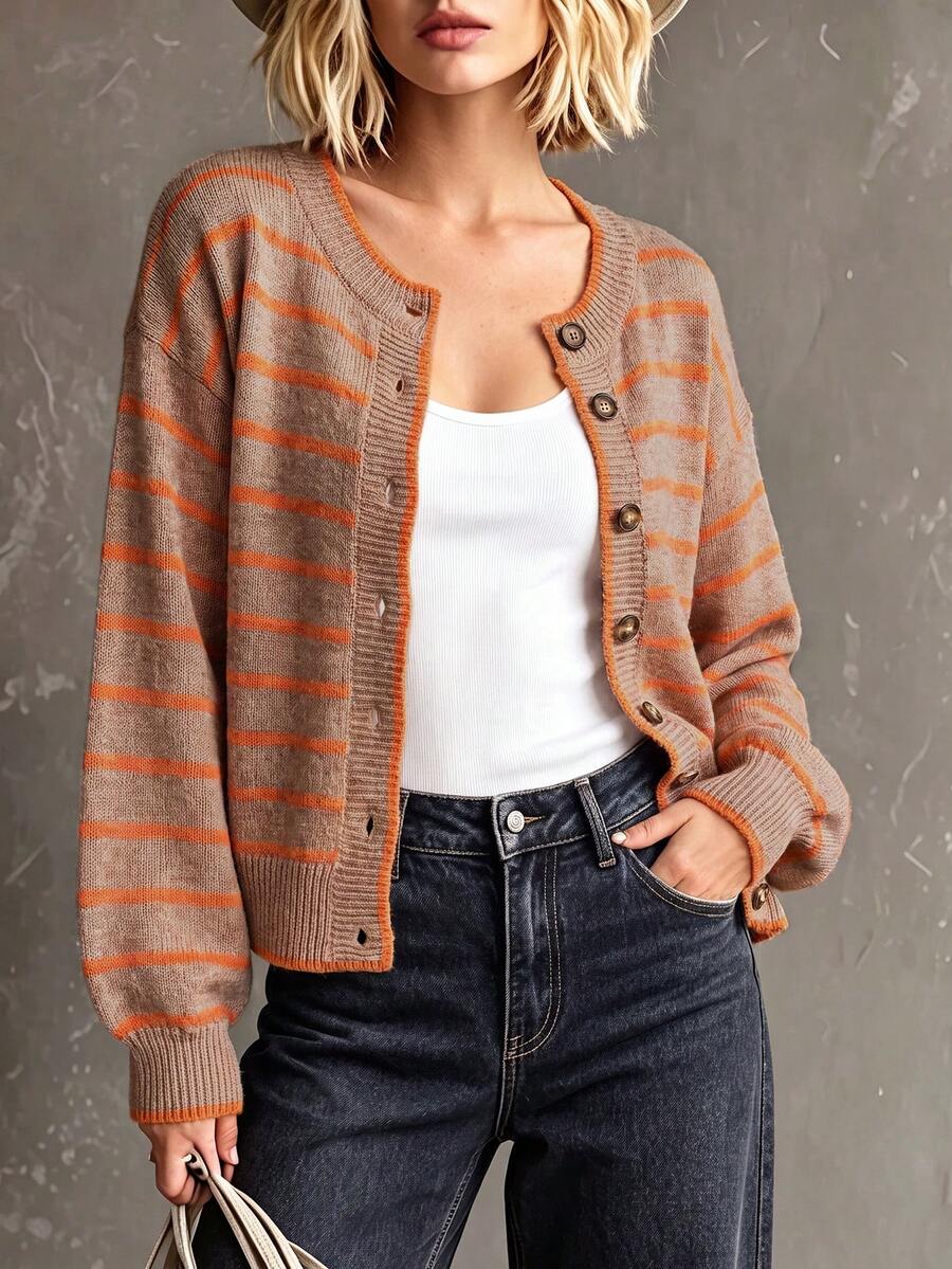 Gestreepte cardigan dames, kaki - afbeelding 8