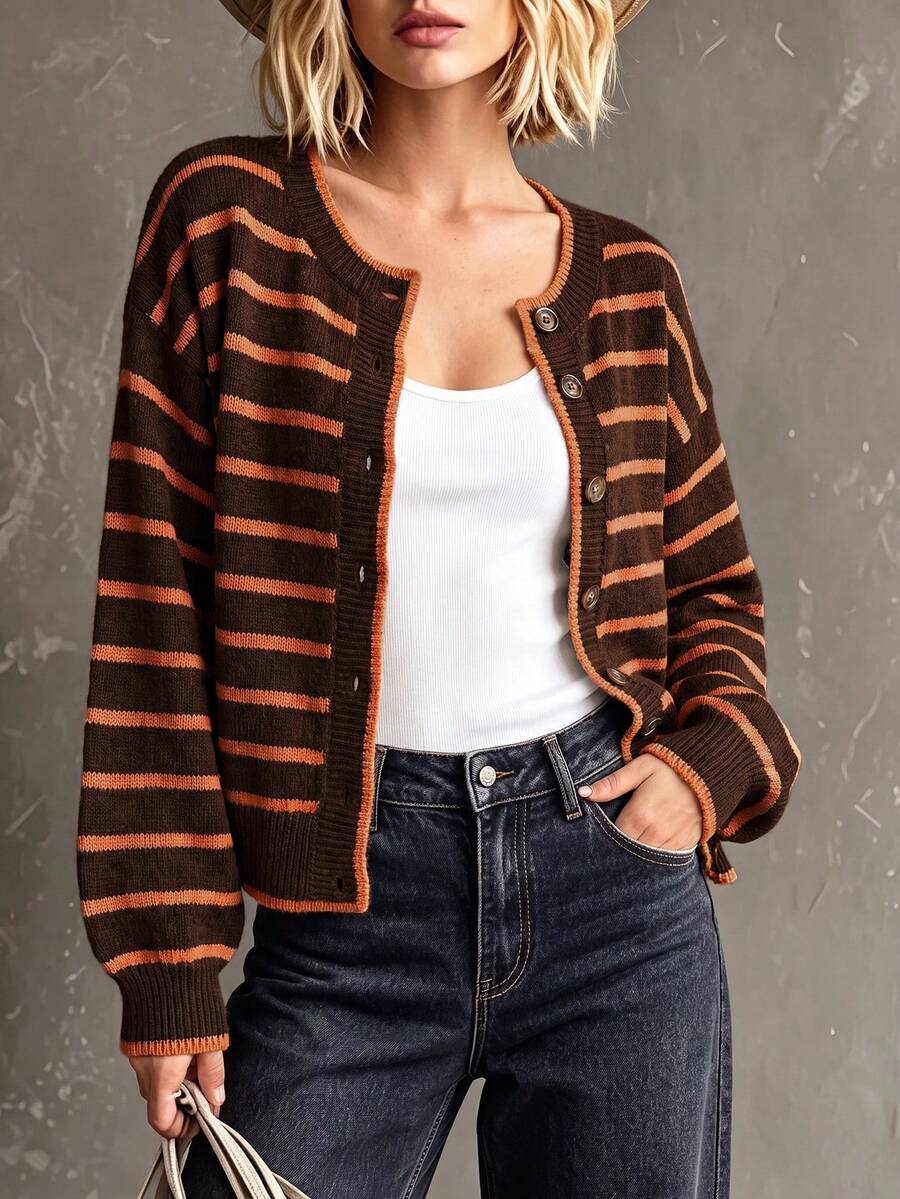 Gestreepte cardigan dames, bruin - afbeelding 9