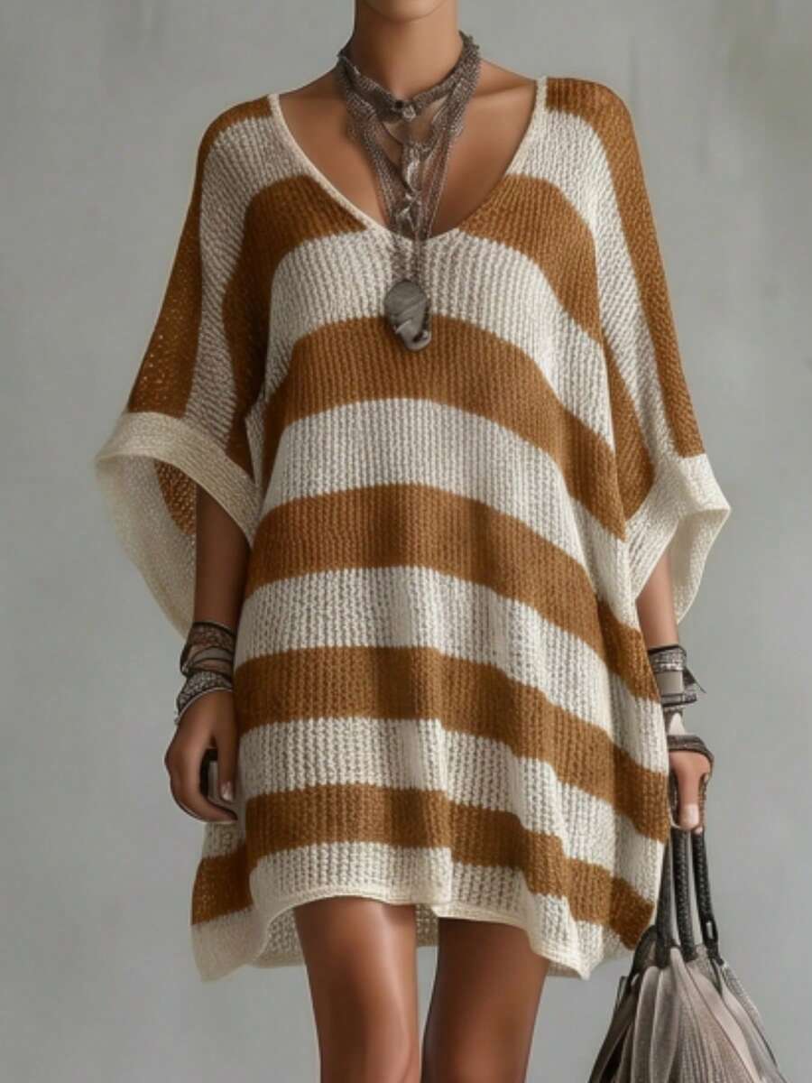Gestreepte gebreide jurk dames, Camel - afbeelding 8