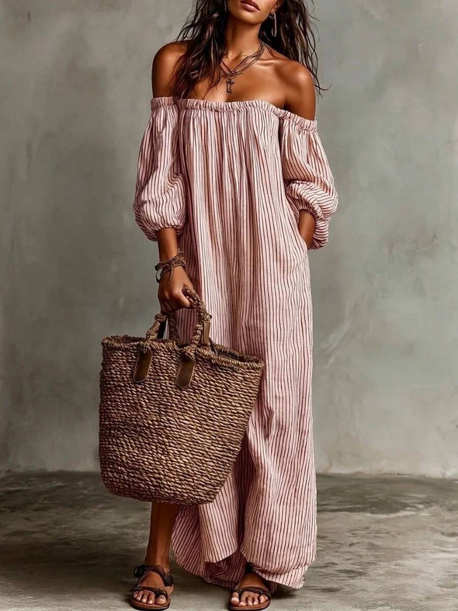 Gestreepte off shoulder midi jurk dames, oudroze - afbeelding 1