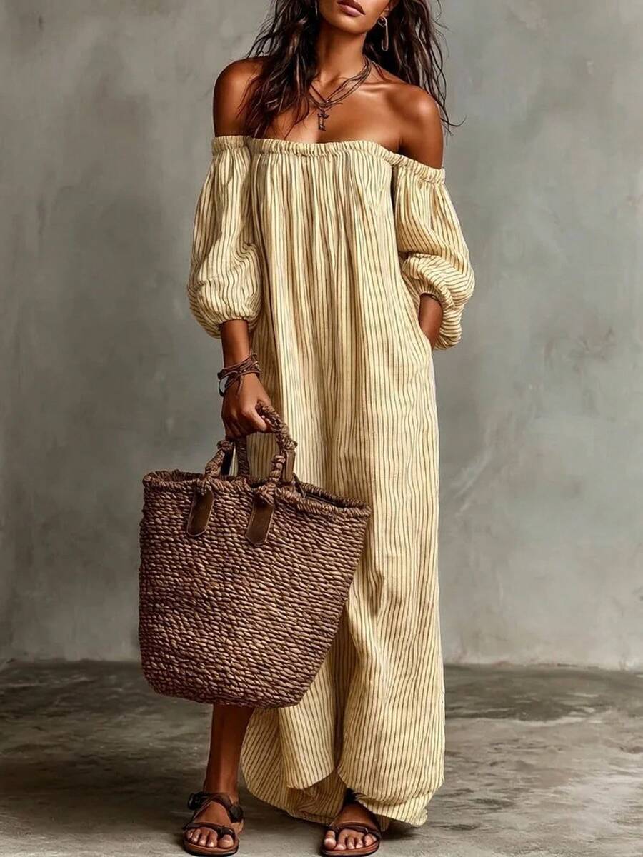 Gestreepte off shoulder midi jurk dames, geel - afbeelding 10