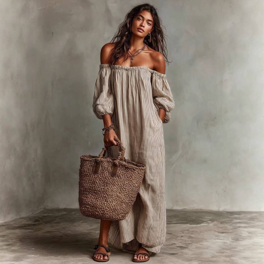 Gestreepte off shoulder midi jurk dames - afbeelding 2