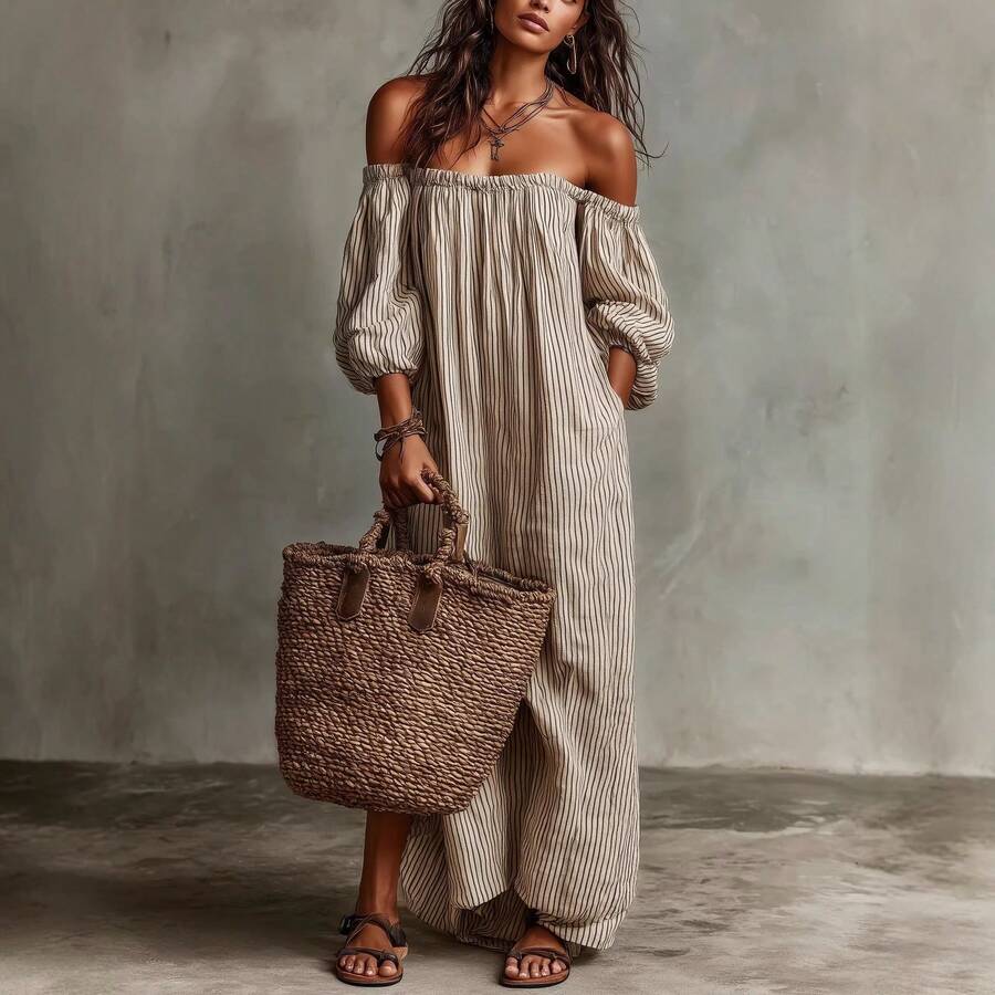 Gestreepte off shoulder midi jurk dames - afbeelding 3