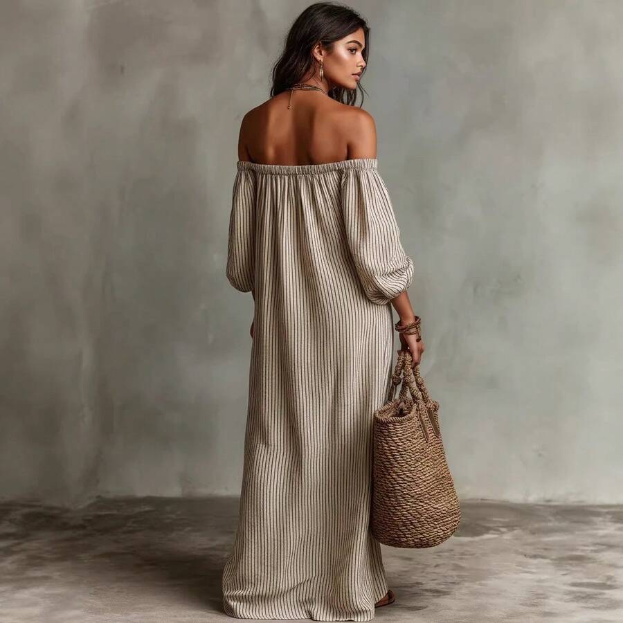 Gestreepte off shoulder midi jurk dames - afbeelding 4