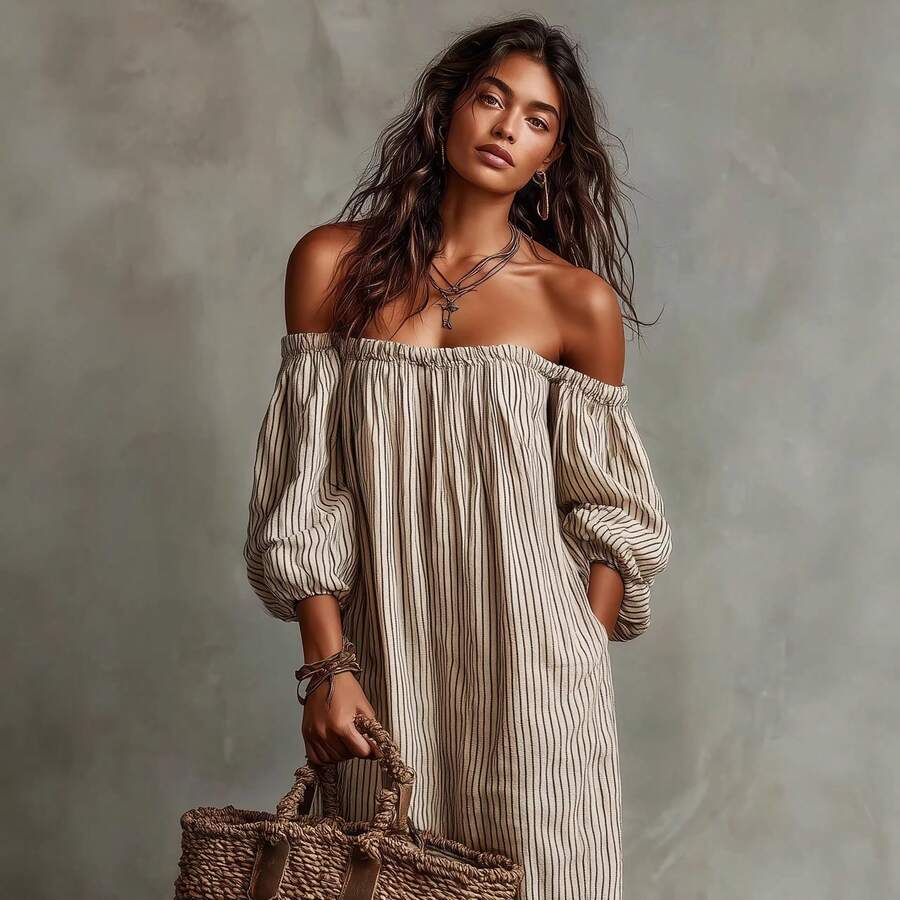 Gestreepte off shoulder midi jurk dames - afbeelding 5