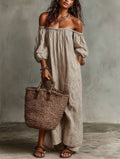Gestreepte off shoulder midi jurk dames, taupe - afbeelding 7